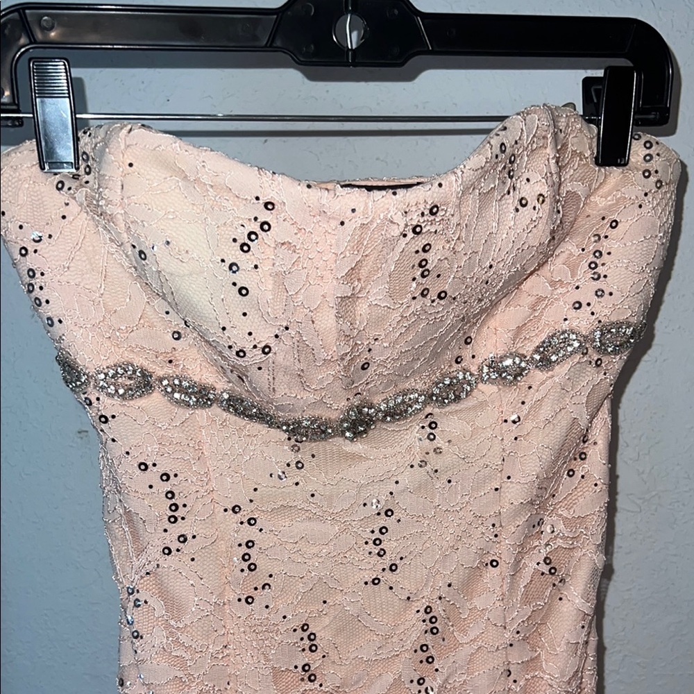 My Michelle Pink Lace Prom Dress with Silver Accents